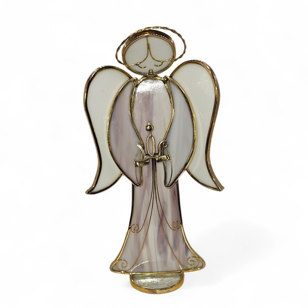 Stained Glass Angel Figurine‎ 11" Free Standing Lavender White Gold Tone Decor